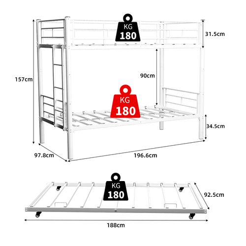 Lit Superposé 90x190 Cm, Lit Gigogne Convertible, 3 Couchages, Barrières De Sécurité, Fer, Blanche