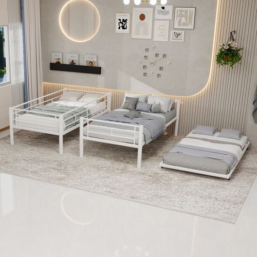 Lit Superposé 90x190 Cm, Lit Gigogne Convertible, 3 Couchages, Barrières De Sécurité, Fer, Blanche