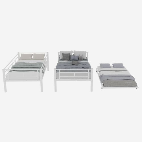 Lit Superposé 90x190 Cm, Lit Gigogne Convertible, 3 Couchages, Barrières De Sécurité, Fer, Blanche