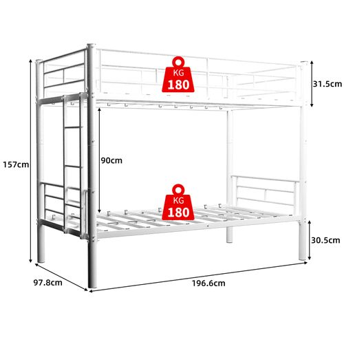 Lit Superposé 196.6x97.8x157 Cm, Lit Gigogne, Convertible En Deux Lits, Structure En Fer, Blanche