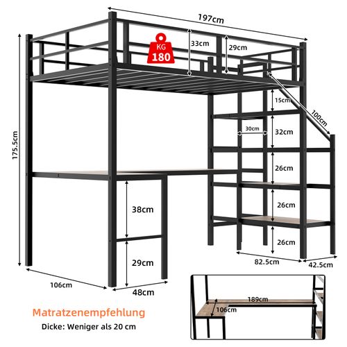 Lit Mezzanine 90x190 Cm Avec Bureau En L, Rangement, Cadre De Lit Robuste, Gain De Place, Fer Noir