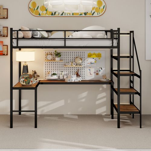 Lit Mezzanine 90x190 Cm Avec Bureau En L, Rangement, Cadre De Lit Robuste, Gain De Place, Fer Noir