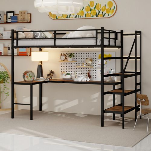 Lit Mezzanine 90x190 Cm Avec Bureau En L, Rangement, Cadre De Lit Robuste, Gain De Place, Fer Noir