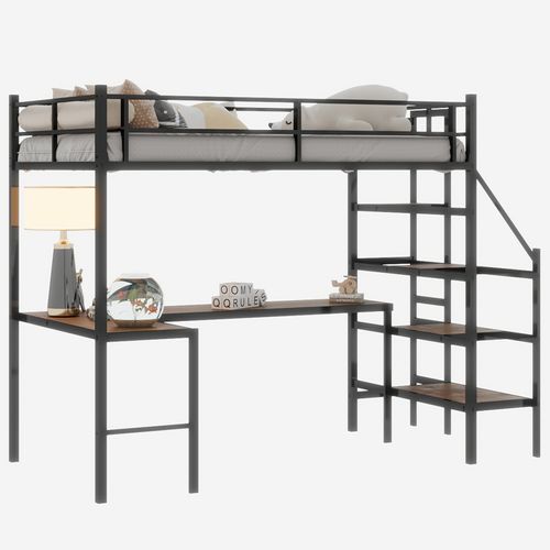 Lit Mezzanine 90x190 Cm Avec Bureau En L, Rangement, Cadre De Lit Robuste, Gain De Place, Fer Noir