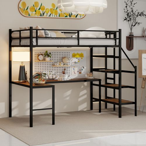 Lit Mezzanine 90x190 Cm Avec Bureau En L, Rangement, Cadre De Lit Robuste, Gain De Place, Fer Noir