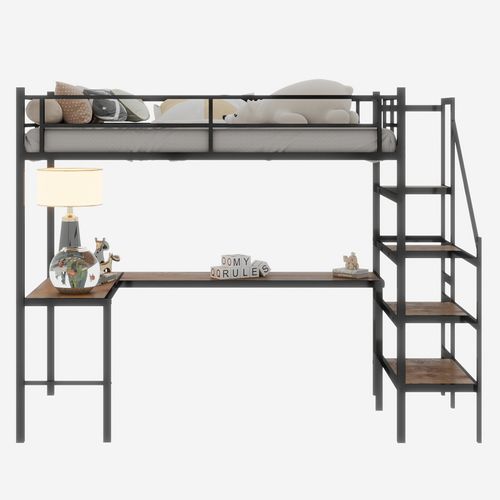 Lit Mezzanine 90x190 Cm Avec Bureau En L, Rangement, Cadre De Lit Robuste, Gain De Place, Fer Noir