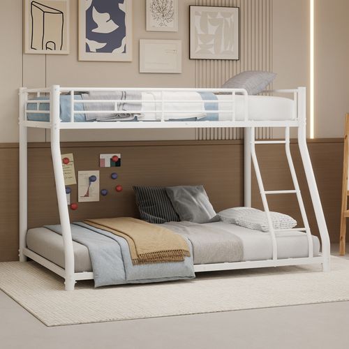 Lit Superposé 90x190cm+140x190 Cm, Robuste En Métal Avec Barrière Haute Et Échelle, Couleur Blanc