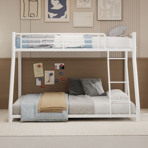 Lit Superposé 90x190cm+140x190 Cm, Robuste En Métal Avec Barrière Haute Et Échelle, Couleur Blanc