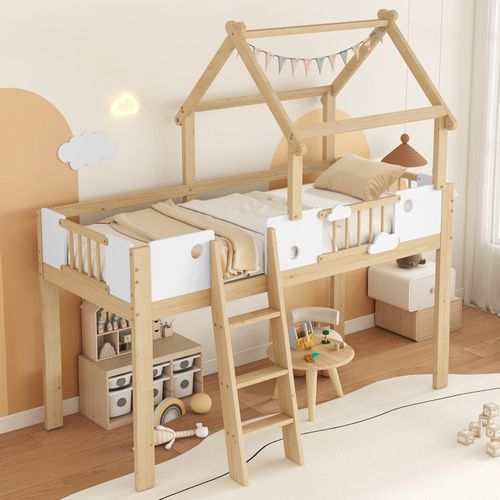 Lit Mezzanine Enfant 90x200 Cm, Toit Cabane Et Barrières De Sécurité, Pin, Mdf, Blanc Et Naturel