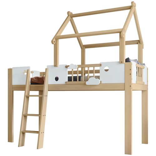 Lit Mezzanine Enfant 90x200 Cm, Toit Cabane Et Barrières De Sécurité, Pin, Mdf, Blanc Et Naturel