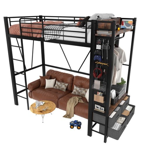 Lit Mezzanine 90x200 Cm Avec Éclairage LED, 4 Tiroirs, Étagère, Porte-manteau, USB-c, Métal Noir