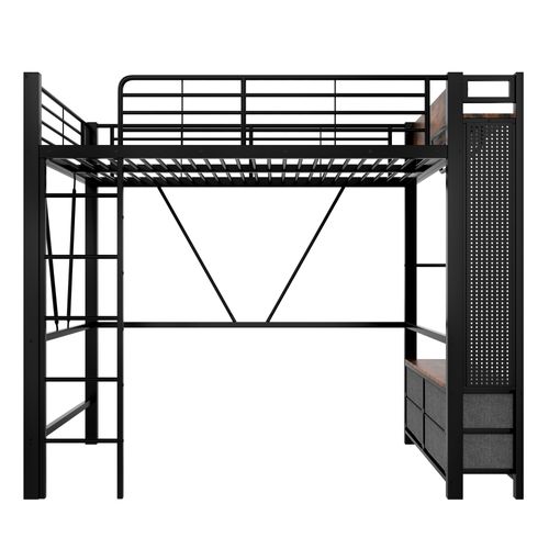 Lit Mezzanine 90x200 Cm Avec Éclairage LED, 4 Tiroirs, Étagère, Porte-manteau, USB-c, Métal Noir