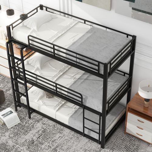 Lit Superposé Triple 90x200 Cm, 3 Sommiers, Gain De Place, Garde-corps Sécurisé, Mdf, Métal, Noir