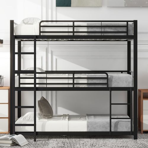 Lit Superposé Triple 90x200 Cm, 3 Sommiers, Gain De Place, Garde-corps Sécurisé, Mdf, Métal, Noir
