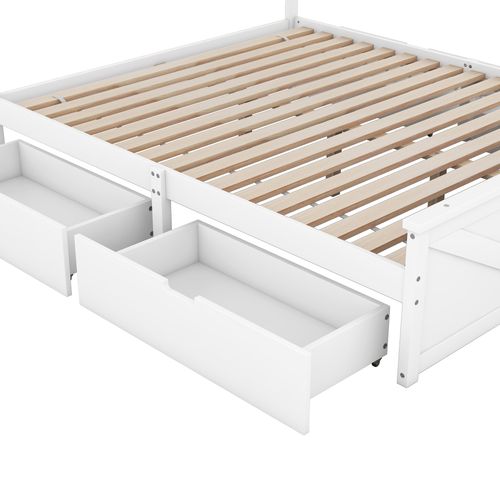 Lit Double 160x200 Cm, 4 Tiroirs Intégrés Avec Tête De Lit, Pin Et Mdf, Blanc