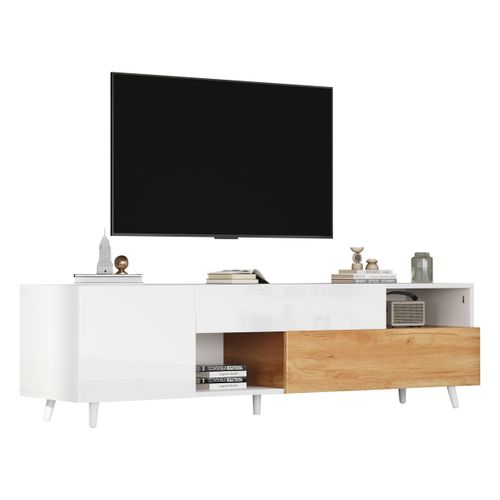Meuble TV 180x38x50 Cm, Façade Brillante, 1 Tiroir, 2 Niches, 2 Portes, Pb, Blanc Et Bois