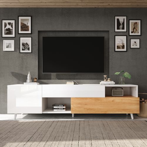 Meuble TV 180x38x50 Cm, Façade Brillante, 1 Tiroir, 2 Niches, 2 Portes, Pb, Blanc Et Bois
