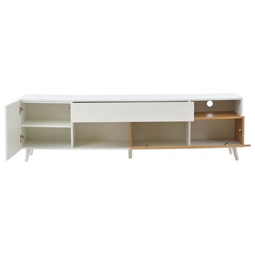 Meuble TV 180x38x50 Cm, Façade Brillante, 1 Tiroir, 2 Niches, 2 Portes, Pb, Blanc Et Bois