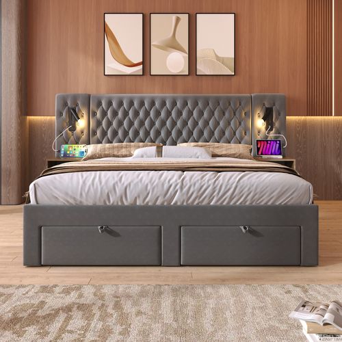 Lit Double Moderne 180x200 Cm, Chevets, Lampes De Lecture, Port USB, 4 Tiroirs, Velours Gris