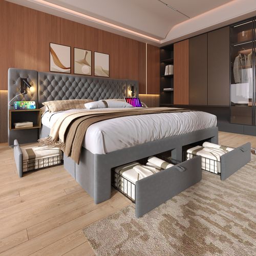 Lit Double Moderne 180x200 Cm, Chevets, Lampes De Lecture, Port USB, 4 Tiroirs, Velours Gris