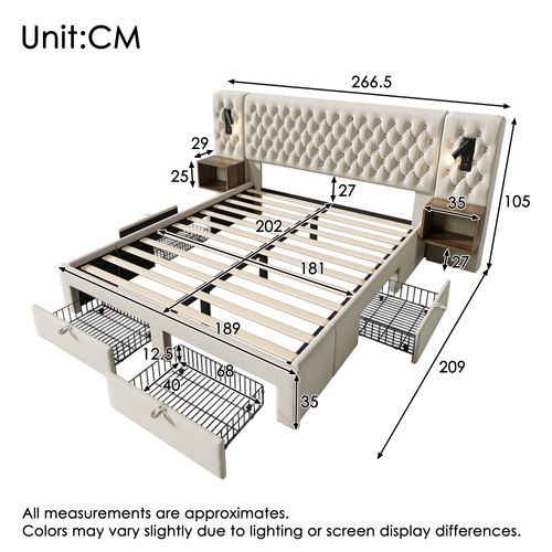 Lit Double Moderne 180x200 Cm, Chevets, Lampes De Lecture, Port USB, 4 Tiroirs, Velours Beige