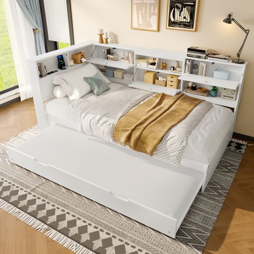 Lit Gigogne 90x200+90x190cm, Tête De Lit Avec Rangement En L, Prise USB, Bois, Mdf, Blanc