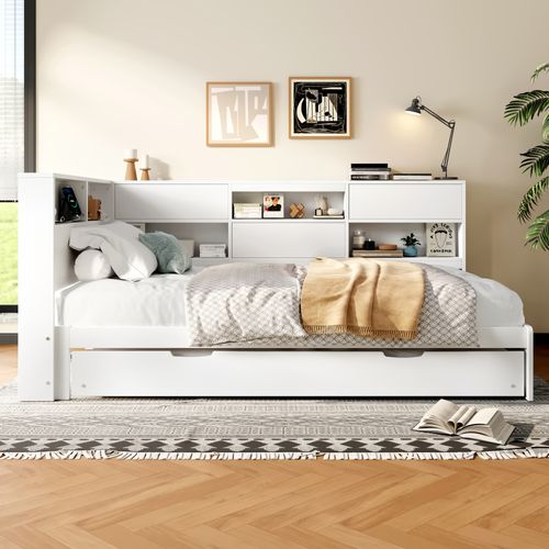 Lit Gigogne 90x200+90x190cm, Tête De Lit Avec Rangement En L, Prise USB, Bois, Mdf, Blanc