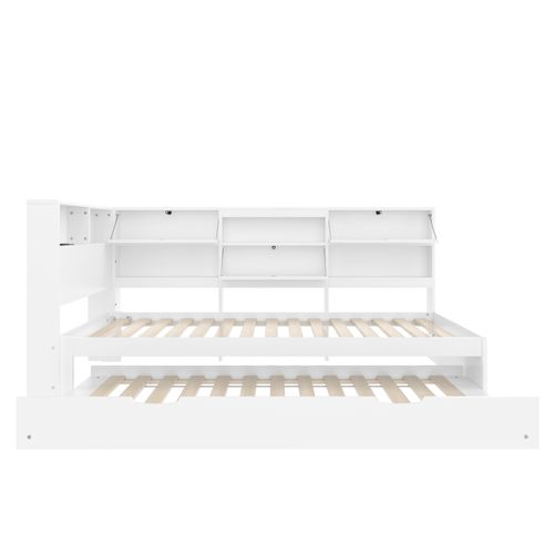 Lit Gigogne 90x200+90x190cm, Tête De Lit Avec Rangement En L, Prise USB, Bois, Mdf, Blanc