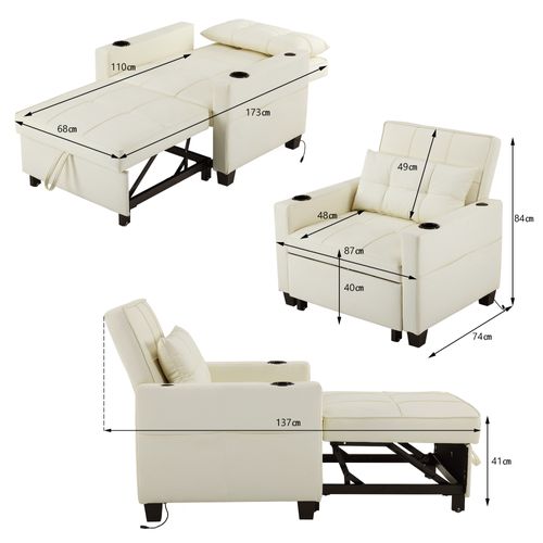 Fauteuil Convertible 1 Place, 87x74x84cm, 3 En 1 Inclinable à 3 Positions, Bois Et Métal, Blanc