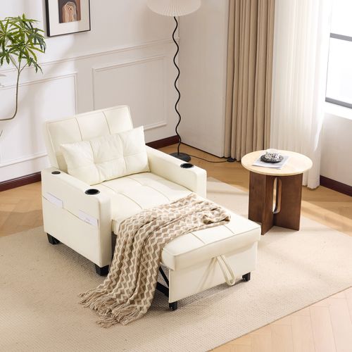 Fauteuil Convertible 1 Place, 87x74x84cm, 3 En 1 Inclinable à 3 Positions, Bois Et Métal, Blanc