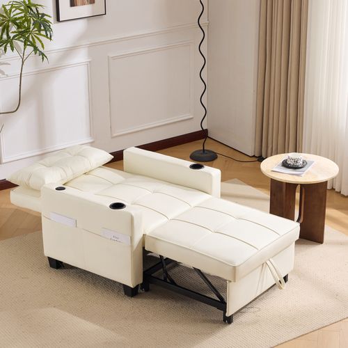 Fauteuil Convertible 1 Place, 87x74x84cm, 3 En 1 Inclinable à 3 Positions, Bois Et Métal, Blanc
