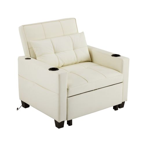 Fauteuil Convertible 1 Place, 87x74x84cm, 3 En 1 Inclinable à 3 Positions, Bois Et Métal, Blanc