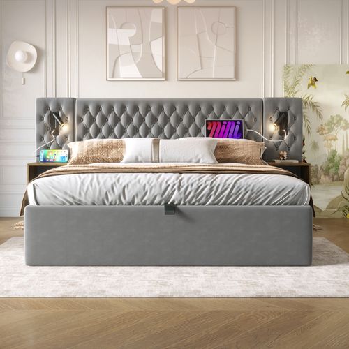 Lit Coffre Moderne 160x200 Cm,lit Adulte Avec Lampe De Lecture, 2 Chevets, Port USB, Velours Gris