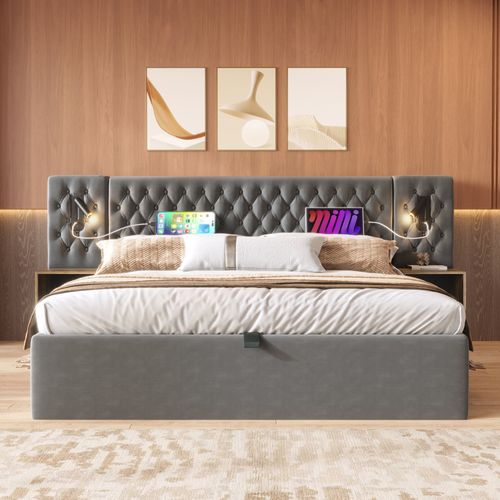 Lit Coffre Moderne 160x200 Cm,lit Adulte Avec Lampe De Lecture, 2 Chevets, Port USB, Velours Gris