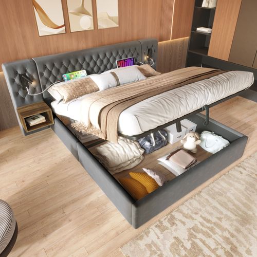 Lit Coffre Moderne 180x200 Cm,lit Adulte Avec Lampe De Lecture, 2 Chevets, Port USB, Velours Gris