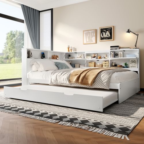 Lit Gigogne 140x200+90x190 Cm, Tête De Lit Avec Rangement En L Et Prise USB, Pin, Mdf, Couleur Blanc