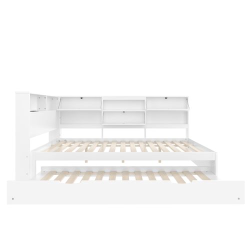 Lit Gigogne 140x200+90x190 Cm, Tête De Lit Avec Rangement En L Et Prise USB, Pin, Mdf, Couleur Blanc