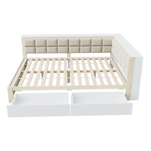 Lit Enfant 140x200 Cm, 2 Tiroirs De Rangement, Bois De Pin, Métal, Mdf, Couleur Blanc+bois