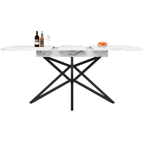 Table Extensible 120-160x80x66.1 Cm, Motif De Marbre, Pieds En Étoile Métal, Mdf, Blanc+noir