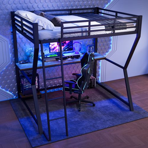 Lit Mezzanine 140x200 Cm Avec LED, Bureau Adapté à Un Ordinateur, Prise Électrique Et USB, Noir