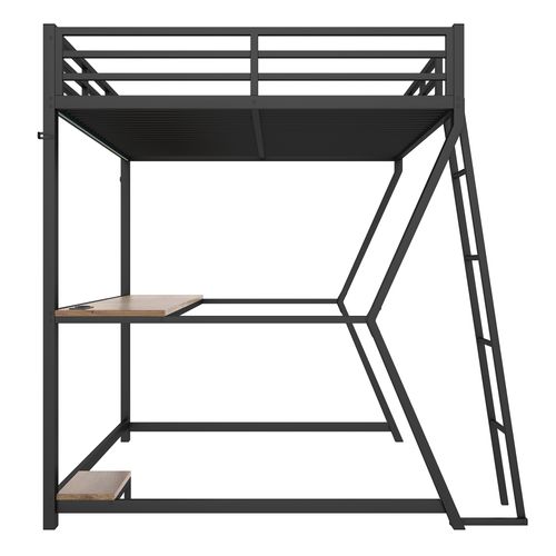 Lit Mezzanine 140x200 Cm Avec LED, Bureau Adapté à Un Ordinateur, Prise Électrique Et USB, Noir