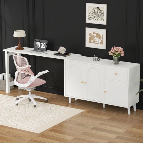 Bureau 2 En 1 120x40x74,5 Cm, Rotation 360 Degrés, 3 Portes, Tiroir, Panneau De Particules, Blanc