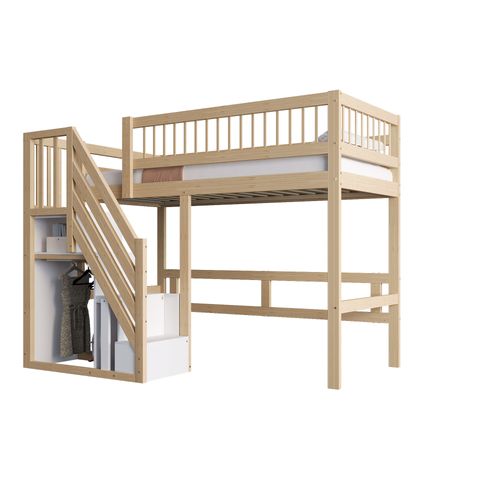 Lit Mezzanine Enfant 90x200 Cm, Escalier Rangement Intégré, Armoire, Pin, Contreplaqué, Mdf, Bois