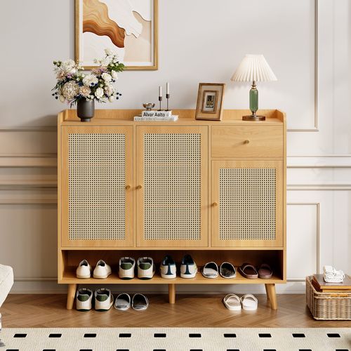 Meuble à Chaussures 120x35x106 Cm, 3 Portes 1 Tiroir, Panneau De Particules, Couleur Naturel