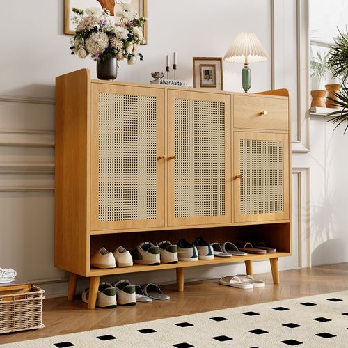 Meuble à Chaussures 120x35x106 Cm, 3 Portes 1 Tiroir, Panneau De Particules, Couleur Naturel