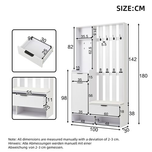 Vestiaire 6-en-1, 100x30x180 Cm, Siège Coussin Pu Et Rangements, Panneau De Particules, Blanc