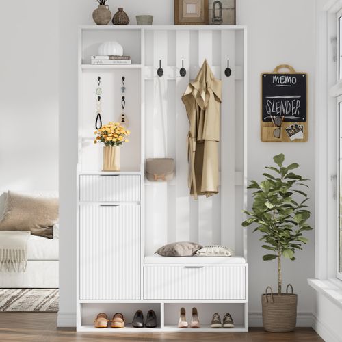Vestiaire 6-en-1, 100x30x180 Cm, Siège Coussin Pu Et Rangements, Panneau De Particules, Blanc