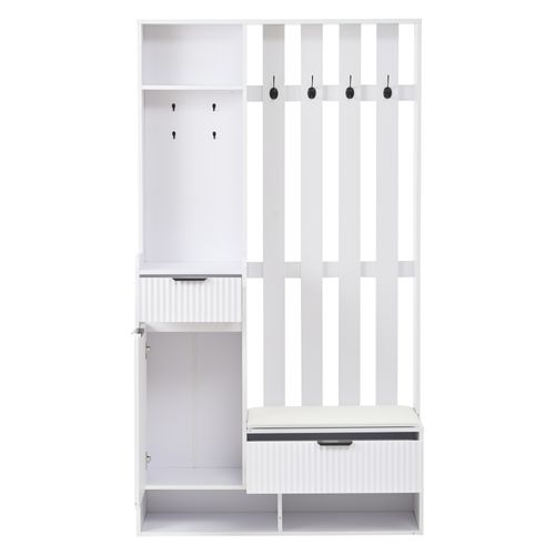 Vestiaire 6-en-1, 100x30x180 Cm, Siège Coussin Pu Et Rangements, Panneau De Particules, Blanc