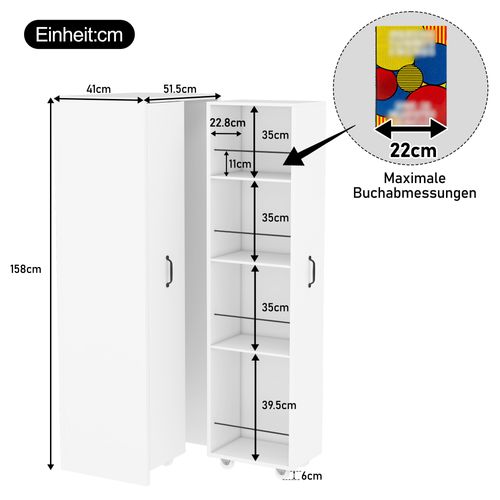 Bibliothèque Extensible 51.5x41x158 Cm, 4 Niveaux Modulables, Roulettes, Mdf, Blanc