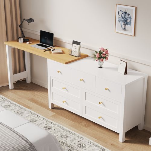 Bureau 120x40x70 Cm, Plateau Pivotant 360 Degrés, 7 Tiroirs, Panneau De Particules, Blanc+bois